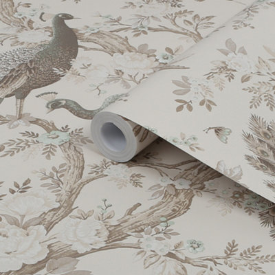 Laura Ashley Belvedere Soft Truffle Peacock Smooth Wallpaper Sample from B&Q