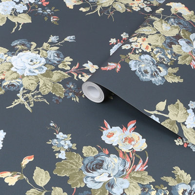 Laura Ashley Rosemore Midnight Seaspray Floral Smooth Wallpaper Sample from B&Q