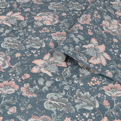 Laura Ashley Portia Dark Seaspray Floral Smooth Wallpaper Sample from B&Q