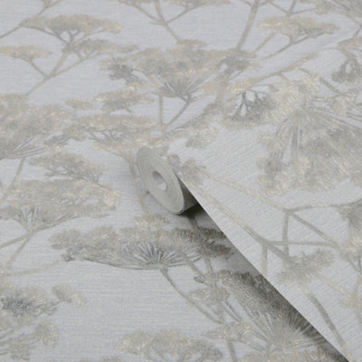 Boutique Grey Metallic Effect Leaves Textured Wallpaper from B&Q