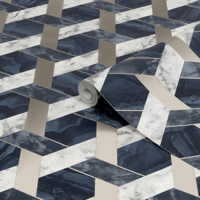 Contour Blue Metallic Effect Geometric Smooth Wallpaper from B&Q