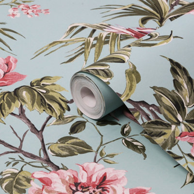 Next Birds & Blooms Duck Egg Floral Smooth Wallpaper from B&Q