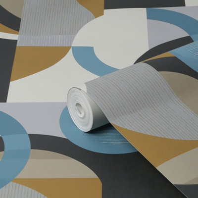 Next Retro Shapes Geo Blue Smooth Wallpaper from B&Q