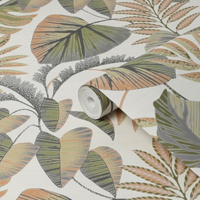 Next Jungle Leaves Orange Smooth Wallpaper from B&Q