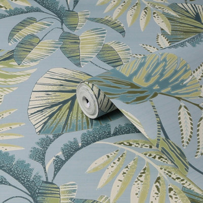 Next Jungle Leaves Duck Egg Smooth Wallpaper from B&Q