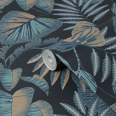 Next Jungle Leaves Navy Smooth Wallpaper from B&Q