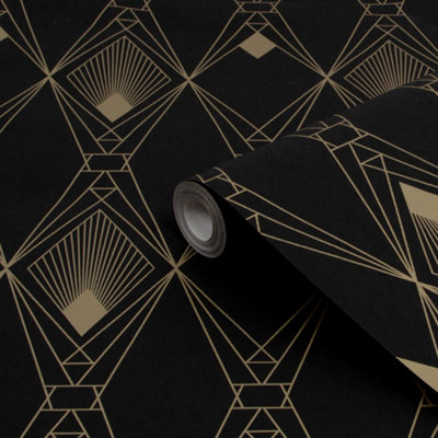 Next Deco Geometric Black Metallic Effect Smooth Wallpaper from B&Q