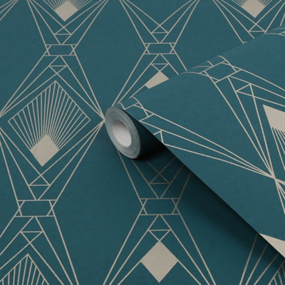 Next Deco Geometric Teal Metallic Effect Smooth Wallpaper from B&Q