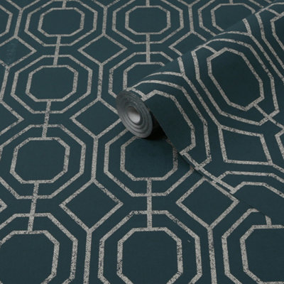 Luxe Geo Teal Smooth Wallpaper Sample from B&Q