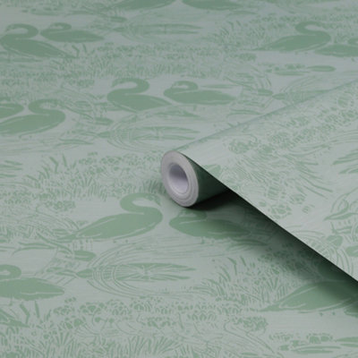Laura Ashley Swans Sage Green Animal Smooth Wallpaper Sample from B&Q