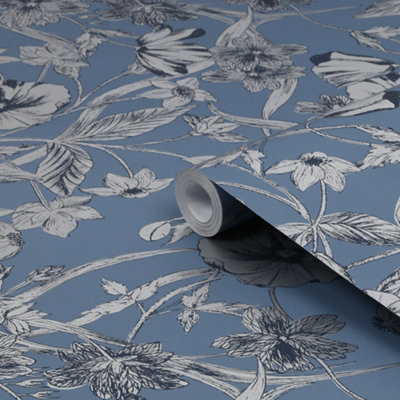 B&Q -  Summerhill Midnight Blue Floral Smooth Wallpaper
