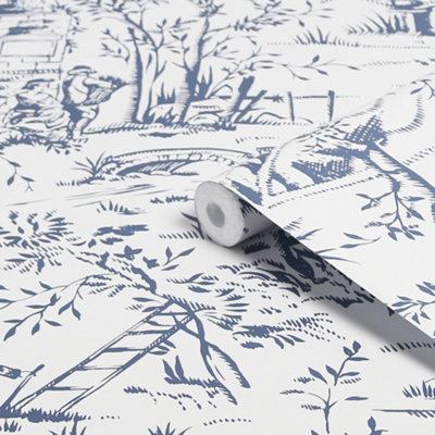 Laura Ashley Toile De Jouy Blue Classical Smooth Wallpaper from B&Q