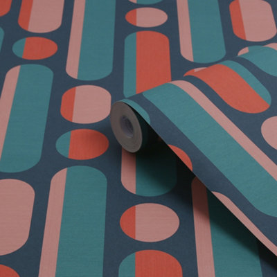 Envy Morse Coral & Navy Geometric Smooth Wallpaper from B&Q