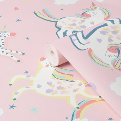 Next Party Unicorn Pink Smooth Wallpaper Sample from B&Q