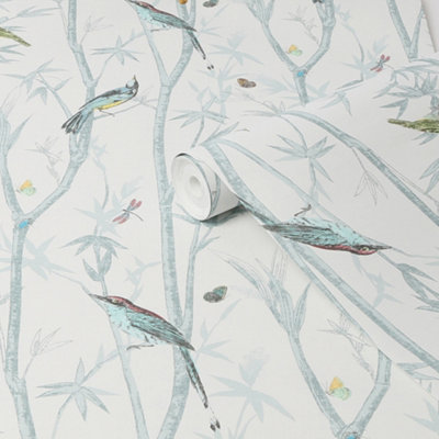 Next Chinoiserie Bird Trail Duck Egg Smooth Wallpaper Sample from B&Q