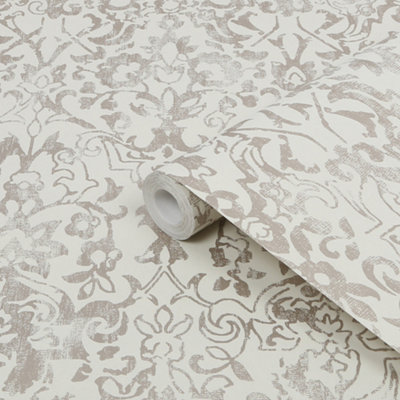 Next Majestic Damask Neutral Metallic Effect Smooth Wallpaper Sample from B&Q