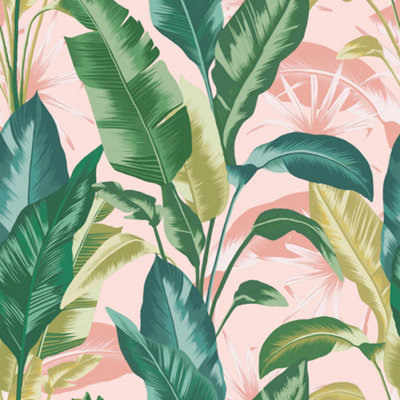 Envy Leaf It Out Sunrise Tropical Smooth Wallpaper Sample Pink/Green
