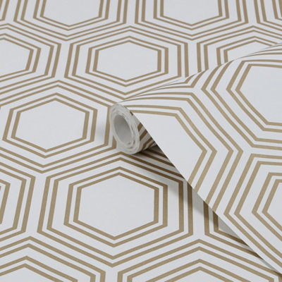 Next Honeycomb Geo White & Yellow Smooth Wallpaper from B&Q
