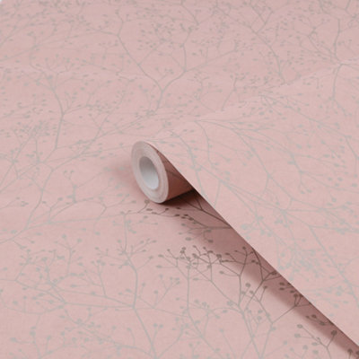B&Q -  Gypsophila Shell Pink & Rose Gold Effect Smooth Wallpaper