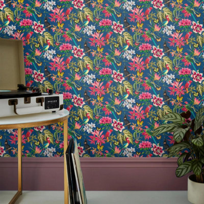 Envy Paradiso Deep Navy Floral Wallpaper from B&Q