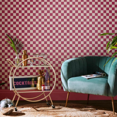 Envy Check Me Out Rasberry Pink Checkered Wallpaper from B&Q