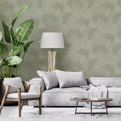 B&Q -  Scattered Leaves Sage Green Leaves Wallpaper
