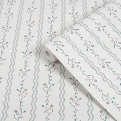 B&Q -  White & Duck Egg Blencow Patterned Smooth Wallpaper