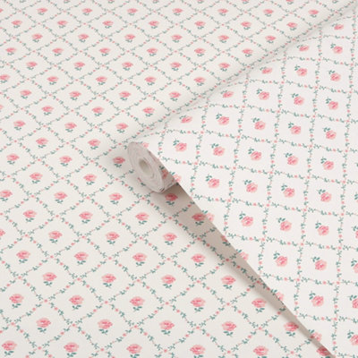Laura Ashley White & Coral Pink Kate Smooth Wallpaper from B&Q