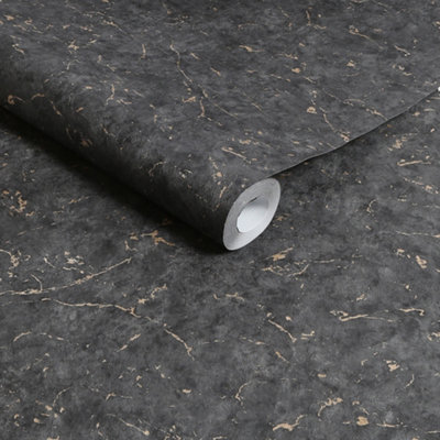B&Q -  Gilded Plaster Black & Gold Textured Plain Wallpaper