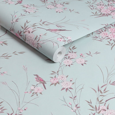 B&Q -  Bird Chinoiserie Blue Floral Wallpaper