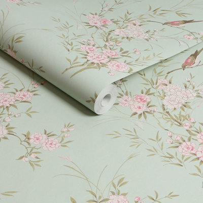 B&Q -  Bird Chinoiserie Green Floral Wallpaper