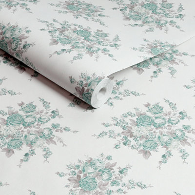 Shabby Chic By Rachel Ashwell Rose Blossom Teal Damask Wallpaper from B&Q