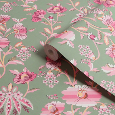 B&Q -  Sage & Pink Friendship Garden Patterned Smooth Wallpaper