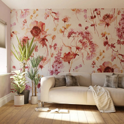 Art For The Home Watercolour Floral Print To Order Fixed Size Mural Pink/Red