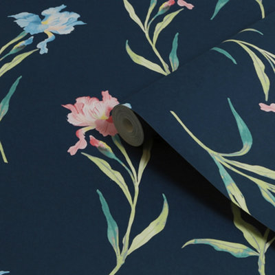 Laura Ashley Botanical Diary Midnight Seaspray Hawling Irises Smooth Wallpaper from B&Q