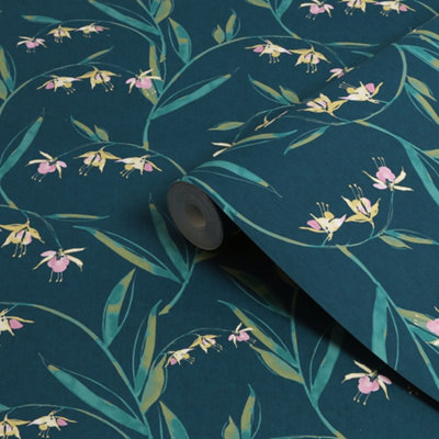 Laura Ashley Botanical Diary Midnight Seaspray Fulwell Fuchsia Smooth Wallpaper from B&Q