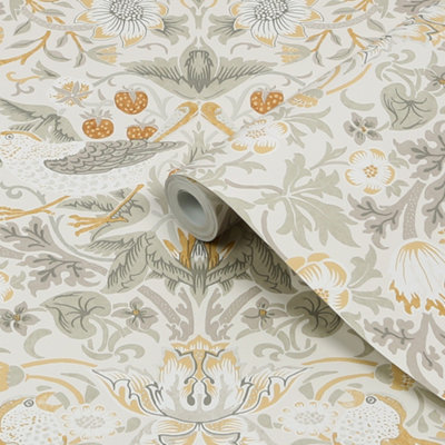 William Morris At Home Natural Strawberry Thief Powdered Neutral Wallpaper | Animal | Paste The Wall | Eco-Friendly - Image 2