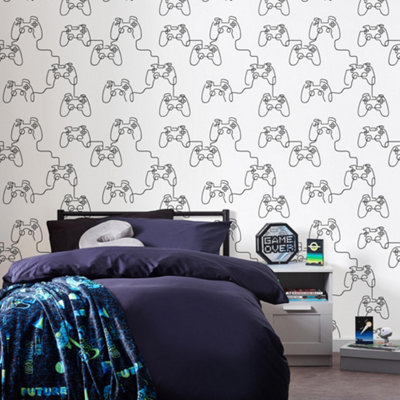 Next Gamer Doodle Black & White Wallpaper from B&Q