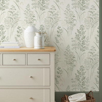Next Leaf Sprigs Natural Greens Wallpaper from B&Q
