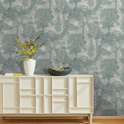 Next Trailing Trees Duck Egg Wallpaper from B&Q