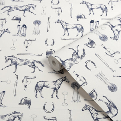 B&Q -  Sophisticated Country Cream & Blue Sketched Equestrian Patterned Smooth Wallpaper