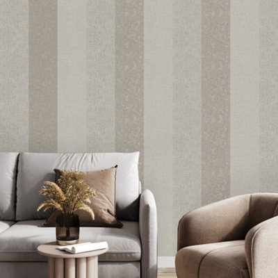Superfresco Meadow Stripe Neutrals / Gold Plain Wallpaper from B&Q
