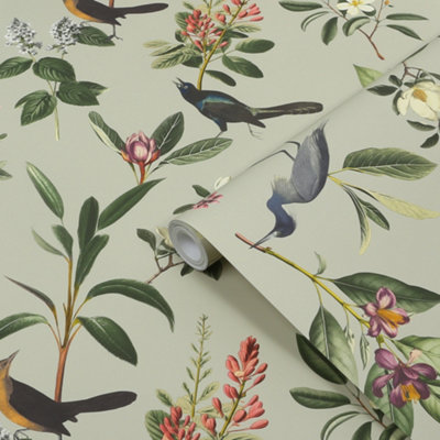 Superfresco Easy Sage Birdsong & Blooms Contemporary Smooth Wallpaper from B&Q