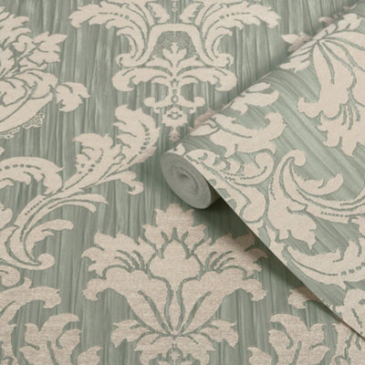 Boutique Sage Damask Classic Textured Wallpaper from B&Q
