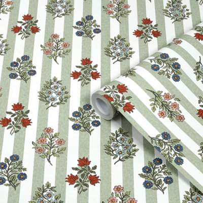 Superfresco Easy Ditsy Stripe Sage Floral Contemporary Smooth Wallpaper from B&Q