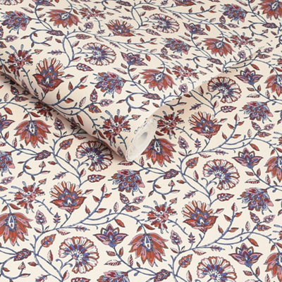 Joules Trailing Indienne Floral Blue/orange Wallpaper from B&Q