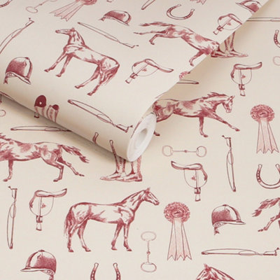 B&Q -  Sketched Equestrian Cream/burgundy Wallpaper