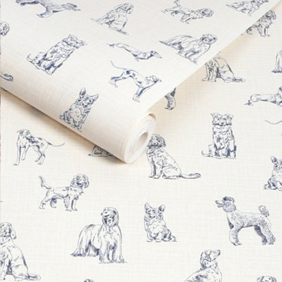 B&Q -  Sketched Dogs Cream/blue Wallpaper