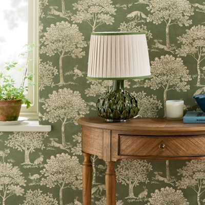 B&Q -  Fox And Hare Olive Green Wallpaper