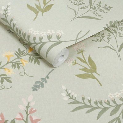 Next Sage Stitch Floral Wallpaper from B&Q